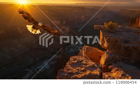 A majestic eagle soars above a canyon at sunset, casting shadows on the rocks as the sky glows orange and purple. 119006454