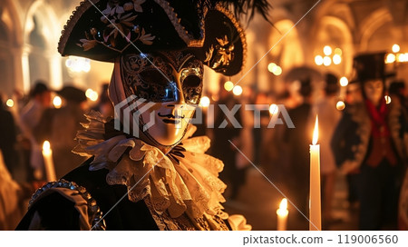 A Venetian Carnival ball features masks, period costumes, and a mystical, candle-lit atmosphere of elegance. 119006560