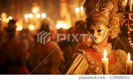 A Venetian Carnival ball, with masks and period costumes, exudes mystery and elegance in a candle-lit setting. 119006561