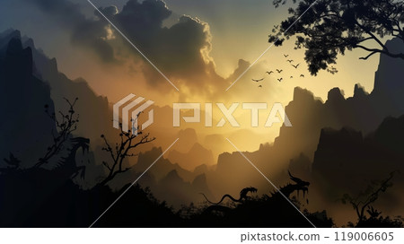 The enchanted valley's silhouette reveals mythical creatures in the fading twilight, as shadows blend with daylight. 119006605