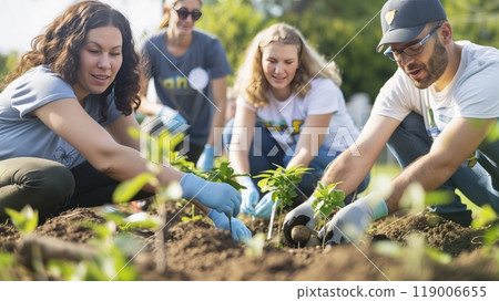 Volunteers plant trees in a community garden, radiating joy and accomplishment as they aid the environment. 119006655
