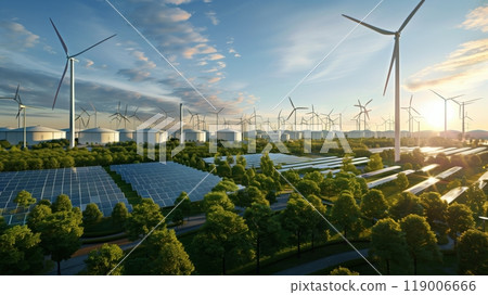 A high-tech industrial park offers sustainable energy via integrated wind turbines and solar panels. 119006666