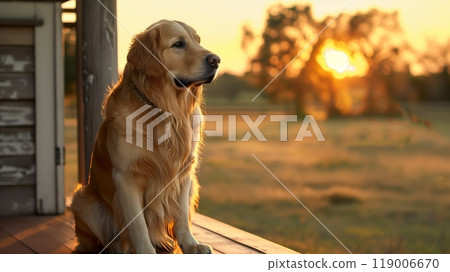 A golden retriever sits by a countryside porch at sunset, embodying loyalty and companionship. 119006670