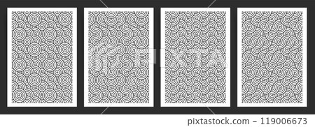 Abstract Retro Circle and Wave Seamless Pattern Set. Vector Geometric Black and White Line Art for A4 Poster, Brochure, or Flyer. 119006673