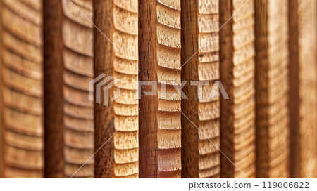 A macro shot captures the 25mm slats' textured surface, highlighting intricate grains and subtle imperfections. 119006822