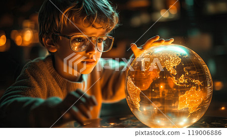 A boy interacts with a holographic globe, symbolizing curiosity and global awareness. The concept of the fusion of technology and education in understanding the world. Generative AI. 119006886