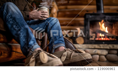 A man in denim and moccasins enjoys coffee by a roaring fire in a rustic cabin, basking in the warmth. 119006961