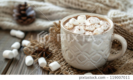 Cup of chocolate drink, adorned with whipped cream with marshmallows, on a wooden table. Cup of chocolate drink, adorned with whipped cream with marshmallows, on a wooden table. 119007011