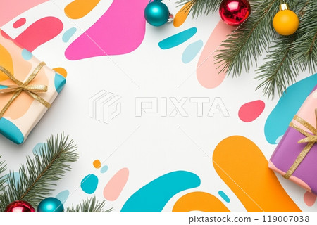 Colorful holiday gifts arranged with festive decorations on a vibrant background during the Christmas season Colorful holiday gifts arranged with festive decorations on a vibrant background during the Christmas season 119007038