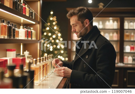 A man examines perfume bottles in a boutique with holiday decorations and a Christmas tree 119007046