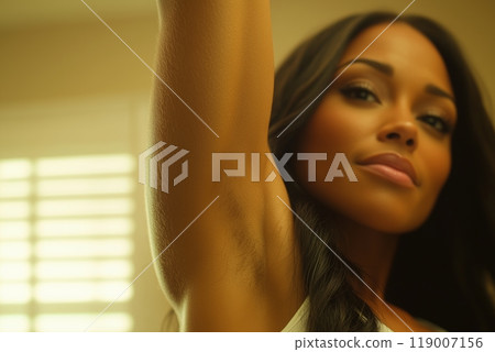 A womans raised arm revealing a natural armpit, soft glowing skin, and a calm expression in warm light A womans raised arm revealing a natural armpit, soft glowing skin, and a calm expression in warm light 119007156