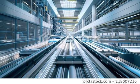 A wide-angle shot of a seamless logistics facility showcases interconnected conveyors in a clean, efficient setup. 119007216