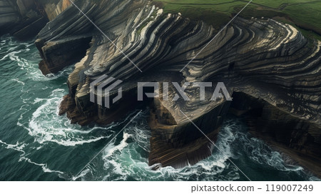A magical seaside cliff where waves crash in intricate, mesmerizing patterns, as if choreographed. 119007249