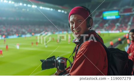 A sports journalist on the sidelines passionately comments on the thrilling soccer match, capturing the excitement. 119007279