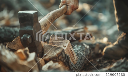 A hand with an axe cuts firewood, showcasing motion blur from a low angle, highlighting dynamic action. 119007280