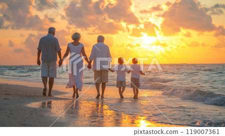 Multigenerational family enjoying a sunset walk on the beach, grandparents and kids leading the way 119007361