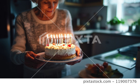 A single grandparent lighting candles on a birthday cake in a minimalist kitchen, preparing for a small family celebration 119007376