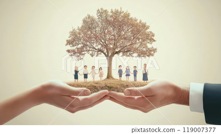 Minimalist 3D render of two hands holding a family tree diagram, representing generations of family history and connections on a soft pastel background 119007377