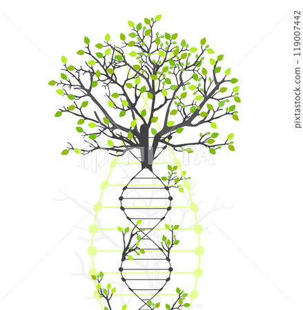 Scientific medical background with abstract image of dna molecule and tree branches. Hand drawn vector illustration. 119007442
