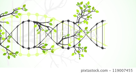 Scientific medical background with abstract image of dna molecule and tree branches. Hand drawn vector illustration. Scientific medical background with abstract image of dna molecule and tree branches. Hand drawn vector illustration. 119007455