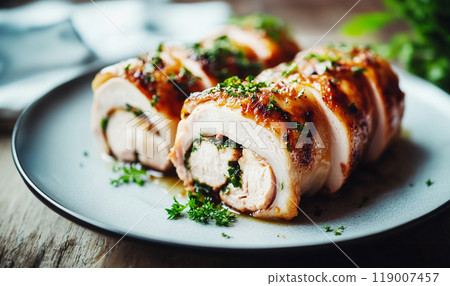 Traditional roasted veal filet with potatoes on plate Traditional roasted veal filet with potatoes on plate 119007457