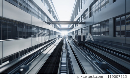A wide-angle shot of a seamless logistics facility shows interconnected conveyor systems in a modern, organized space. 119007513