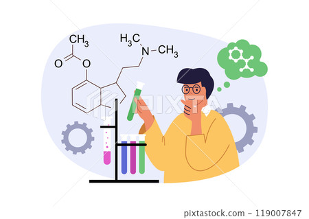 Education concept in modern flat design for web. Man making chemical research with test tubes, studying molecules and formulas, solving problems at learning course in university. Vector illustration. 119007847