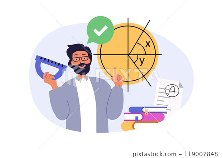 Education concept in modern flat design for web. Man with ruler working as teacher and explaining geometry lesson in class, solving math problems with students at training. Vector illustration. 119007848