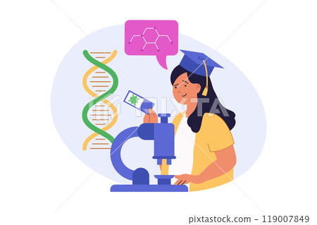 Education concept in modern flat design for web. Woman making research with microscope in lab, studying dna and other molecules, making genetic tests for getting science degree. Vector illustration. 119007849