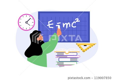 Education concept in modern flat design for web. Woman explaining physics at lesson in school, writing formula at blackboard. Student answering in classroom, getting knowledges. Vector illustration. 119007850