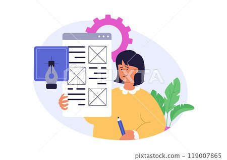 Design development concept in modern flat design for web. Woman building layout, placing content blocks in template, working with illustrator tools, creating graphics and fonts. Vector illustration. 119007865