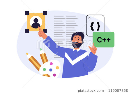 Design development concept in modern flat design for web. Man creating homepage template, coding and programming, placing text and content, brainstorming and finding improvement. Vector illustration. Design development concept in modern flat design for web. Man creating homepage template, coding and programming, placing text and content, brainstorming and finding improvement. Vector illustration. 119007868