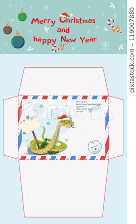 A postal envelope for Santa Claus a symbol of the new year snake with a wooden plaque 119007880