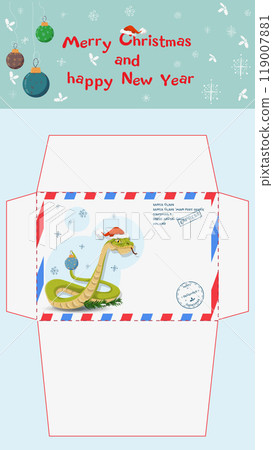 The layout is a blank letter to fill out to be sent by mail to Santa Claus the symbol of the new year is a snake with a toy 119007881