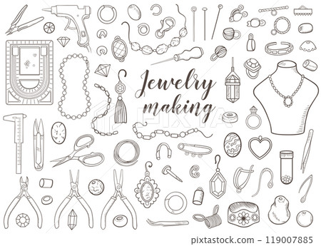 Tools and beads for making jewelry. 119007885