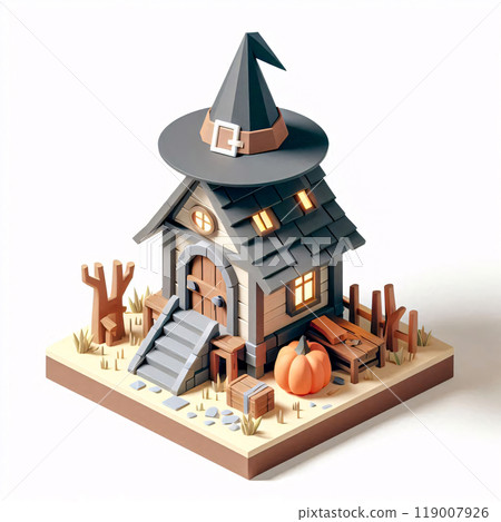 Cozy Halloween Scene, Cartoon Witch House with Pumpkin and Lantern isometric Cozy Halloween Scene, Cartoon Witch House with Pumpkin and Lantern isometric 119007926