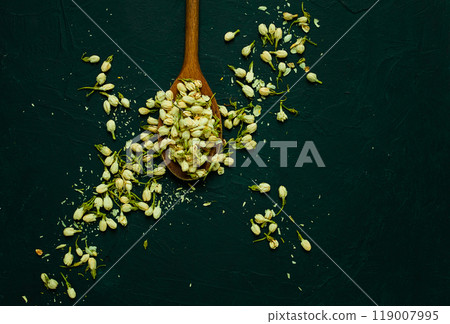 Jasmine flowers, wooden spoon, dry, herbal, tea, top view, no people, Jasmine flowers, wooden spoon, dry, herbal, tea, top view, no people, 119007995