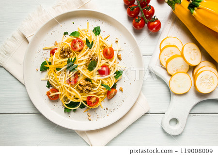 yellow zucchini salad, with cherry, vegetarian food, sliced into strips, homemade, yellow zucchini salad, with cherry, vegetarian food, sliced into strips, homemade, 119008009