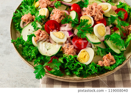 Tuna salad, vegetable salad with quail eggs, lettuce, red onion and cucumbers, on a light gray table, keto food, lifestyle, healthy eating, selective focus, top view, no people, Tuna salad, vegetable salad with quail eggs, lettuce, red onion and cucumbers, on a light gray table, keto food, lifestyle, healthy eating, selective focus, top view, no people, 119008040