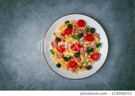 Tuna salad, fusilli pasta, olives and cherry, olive oil, homemade, 119008052