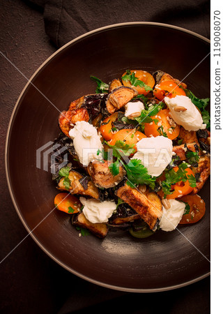 Warm Salad with crispy eggplant and tomatoes, cottage cheese, spices, herbs, sesame seeds, sunflower seeds, Georgian cuisine, no people, 119008070