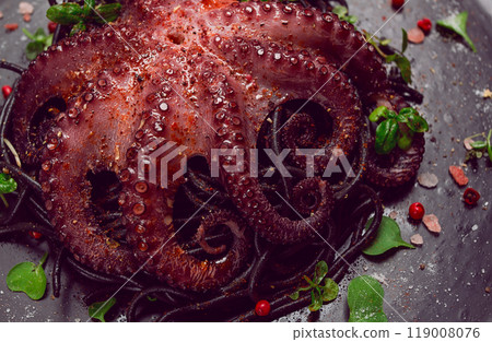 Octopus with black spaghetti, pasta, spices and herbs, top view, no people, 119008076