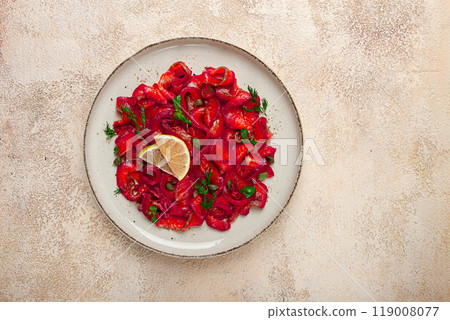 Salmon gravlax with beetroot, Scandinavian snack, beet gravlax, lightly salted fish, homemade, no people, 119008077