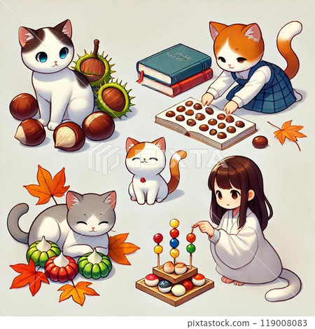 Cute cat and girl illustration Autumn 119008083