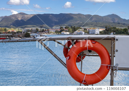 Lifeline on a boat in a port, Astrakeri, Corfu, Greece 119008107