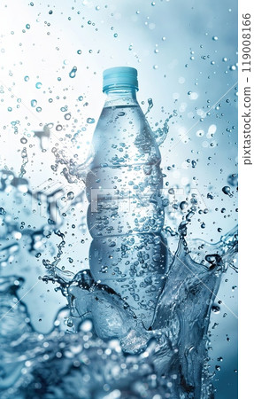 The tilted mineral water bottle is partially submerged in water, surrounded by splash and bubbles to create a dynamic effect, and the background is a light gradient. 119008166
