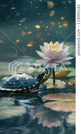 A serene scene featuring a small turtle near a delicate water lily in a tranquil pond. with soft light and bokeh creating a dreamy, peaceful atmosphere. 119008182