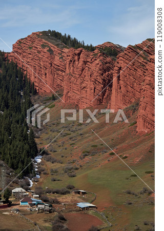 Rocks seven bulls, 7 oxen gorge Jety-Oguz. Popular touristic location, red rock travel destination place, Kyrgyzstan 119008308
