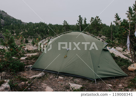 Green tourist tent set up in a forest surrounded by evergreen conifers and rocks in a mountainous area. 119008341