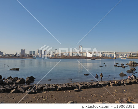 Odaiba beach and Rainbow Bridge Odaiba beach and Rainbow Bridge 119008391